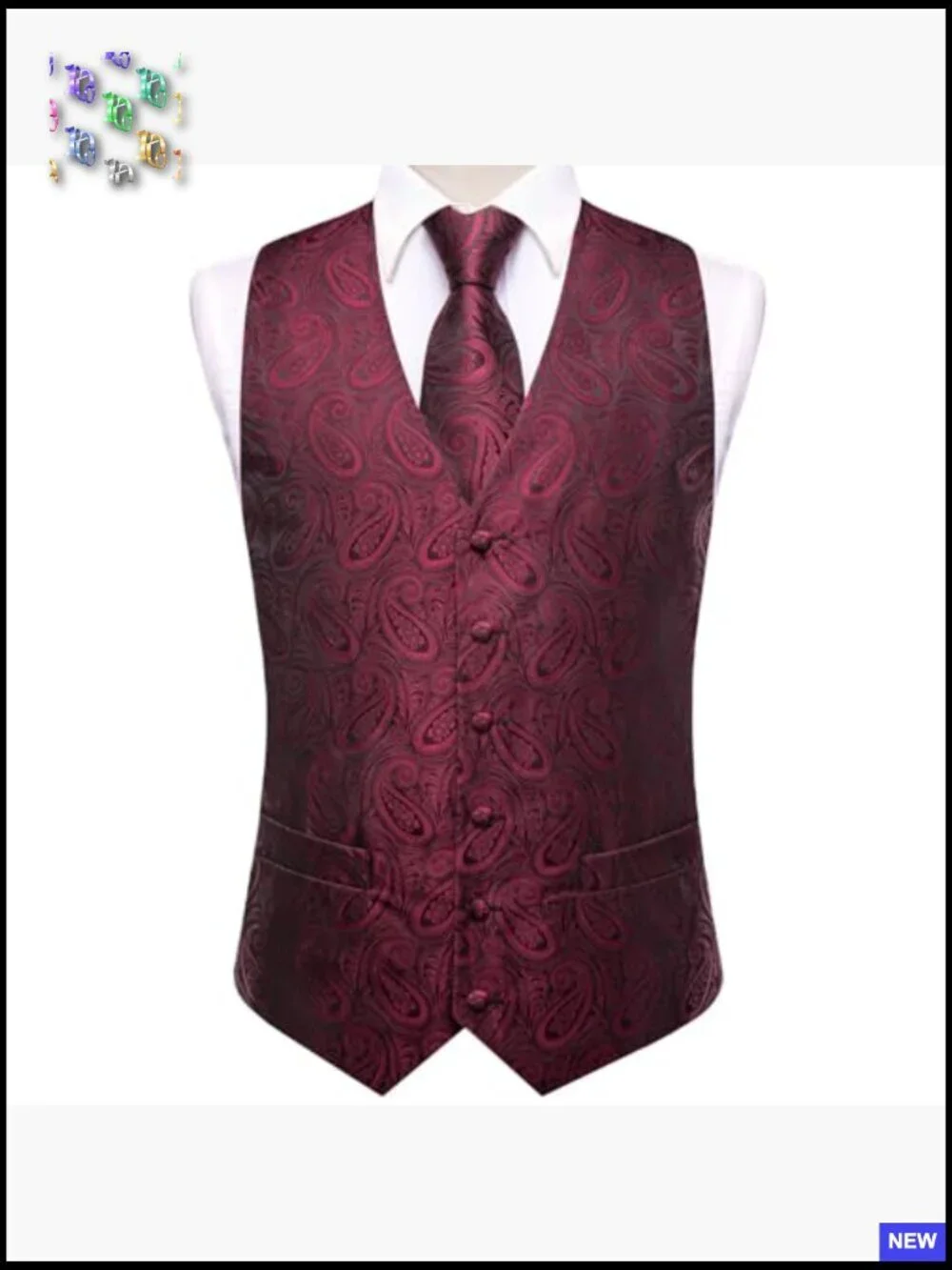 Men's Formal Vest and Tie Set Paisley Floral V-Neck Waistcoat Lapel Pin Clip